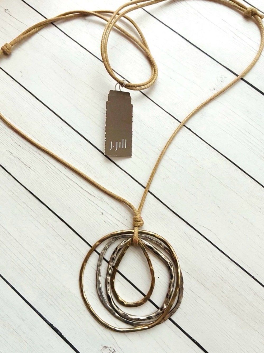 NEW NWT J. Jill Two Tone Rustic Circular Pendant Adjustable Cord Necklace $39
